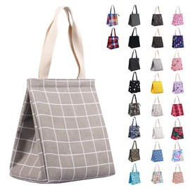 iknoe Insulated Lunch Bag for Women, Durable Wide-Open Foldable & Portable Lunch Tote with Interior Pockets, Water-Resistant Thermal Lunch Cooler for Adults Picnic Beach-Grey Plaid