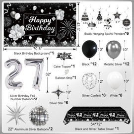 Miidenks 27th Birthday Decorations Set for Man Women,Black Silver Happy 27 Birthday Party Supplies with Birthday Backdrop Banner Birthday Tablecloth 27 Number Balloons for Her Him