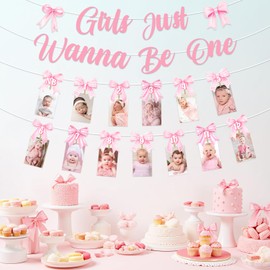 Funmemoir Pink Bow 1st Birthday Decorations Girls Just Wanna Be One Banner Monthly NB to 12 Month Photo Banner with Adhesive Clips for Bow Tie First Birthday Party Decoration