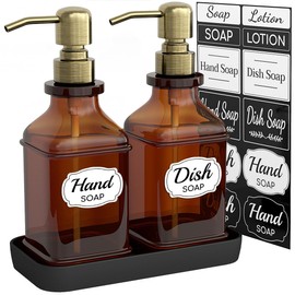 LMQML Soap Dispenser - 2 Pack, Antique Design Thick Amber Glass Hand Soap Dispensers with Sturdy Tray; 304 Rust Proof Stainless Steel Black Pump, 12Pcs Stickers, for Kitchen, Bathroom - Brushed Gold