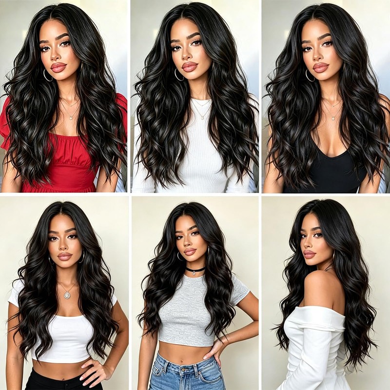 Black Clip in Wavy Hair Extension for Women Add Length(5Pcs