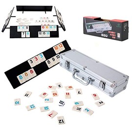 Homwom - Juego de 106 azulejos, juego de mesa de rummy con funda de aluminio y 4 bandejas duraderas antideslizantes