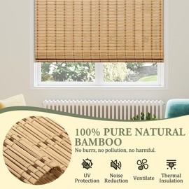 Kokorona Cordless Bamboo Roman Shades with Valance, Light Filtering Bamboo Blinds for Interior Windows, Natural Roll Up Bamboo Shades for Home, Office, Easy Installation, 30" W x 64" H, Natural