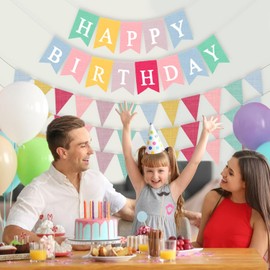 Happy Birthday Banner & Fabric Birthday Bunting Flags 3 PCS, Fabric Hanging Garland Party Decor, Multicolor Swallowtail Flags & Triangle Flags Outdoor Home Garden