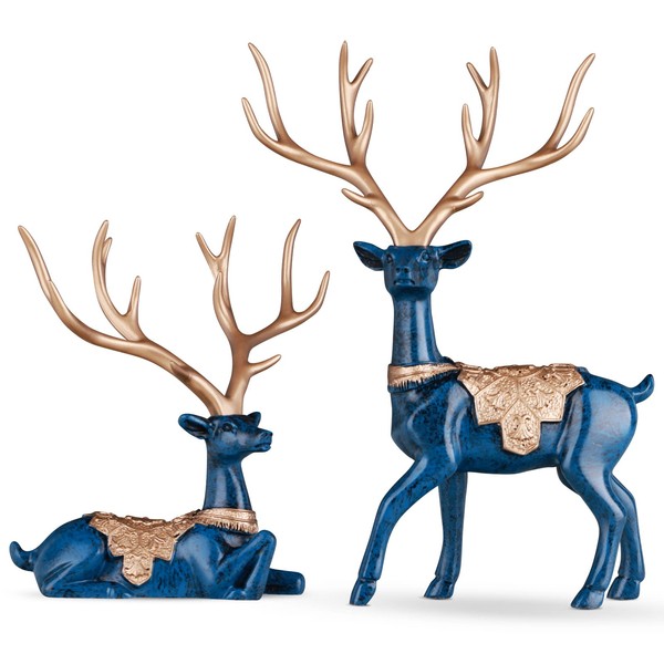 Set of 2 Christmas Reindeer Statues, Fawn Statue Christmas Decorations on Shelf, Modern Blue Home Decor Large Reindeer Christmas Table Decorations for Living Room Entrance Table Decorations (Blue)