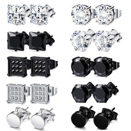 JENCVNL 10 Pairs of Earrings Set for Men, Stainless Steel Men's Stud Earrings, Round Square Earrings with Cubic Zirconia, Black, Silver, Ear Piercing for Men and Boys, Stainless Steel, Cubic Zirconia
