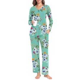 syoss Women's Pajama Sets Long Sleeve Sleepwear Soft Loungewear Ladies Pjs Sets Top and Pants with Pockets L, Mint Green