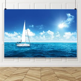 Laeacco 7x5ft Sailboat Backdrop Blue Waved Ocean White Sailing Ship Photography Background for Nautical Themed Birthday Wedding Bridal Shower Party Decor Ocean Travel Portrait Photo Booth Props