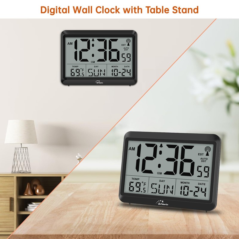 WallarGe Atomic Digital Wall Clock Battery Operated, Self-Setting, Large Display