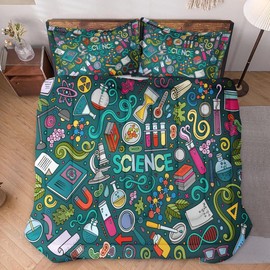 WeCozy 2 Pcs Twin Size Comforter Set with Pillowcase, Science Fun Chemistry Cartoon Biology Soft Bedding Set for Kids and Adults Bedroom Bed Decor