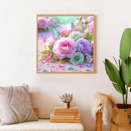 Flowers Butterfly Diamond Art Kits for Adults Beginner, Pink 5D Diamond Painting Kits for Adults, DIY Round Full Drill Diamond Dots Gem Art Painting and Crafts for Gift Home Wall Decor 14x14 Inch