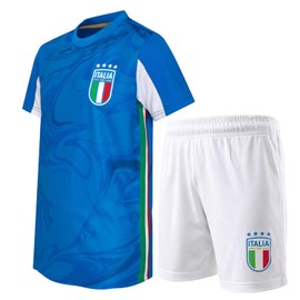 ITALIA FIGC Completo Calcio Ufficiale per Bambino e Ragazzo - Kit Maglia Tecnica e Pantaloncini, vestibilità Regular 6 Anni