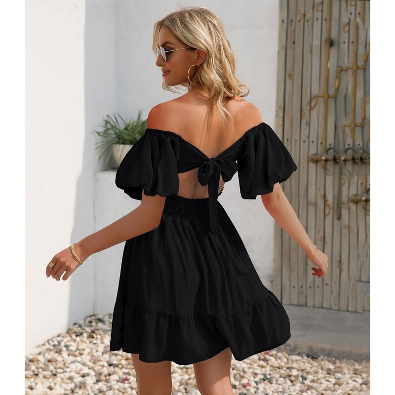 Phortric Womens Tie Back Summer Dress Square Neck Short Sleeve