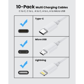 [0.75FT, 10-Pack] Multi Short USB/C Cables Fast Charge & Sync to Type-C/Lightning/Micro USB Cords Bulk for Charging Stations Compatible with iPhone16&15, iPhone5-14, iPads, iPods, Mobiles, Tablets