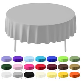CC-SLZP 3 Pack Premium Plastic Tablecloth, 84 inch Disposable Tablecloths Round Leakproof for Parties, Picnic, Camping, Birthday, Weeding (Silver Grey, Round (3 Pack))