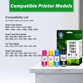 32XL 31 High Yield Ink Bottle Set Work for 5101 6001 7301 7602 Printer Replacement for HP 31 32XL for Smart Tank 5102 7001 7002 Plus 651 551 Ink Tank | Black Cyan Yellow Magenta 4-Pack