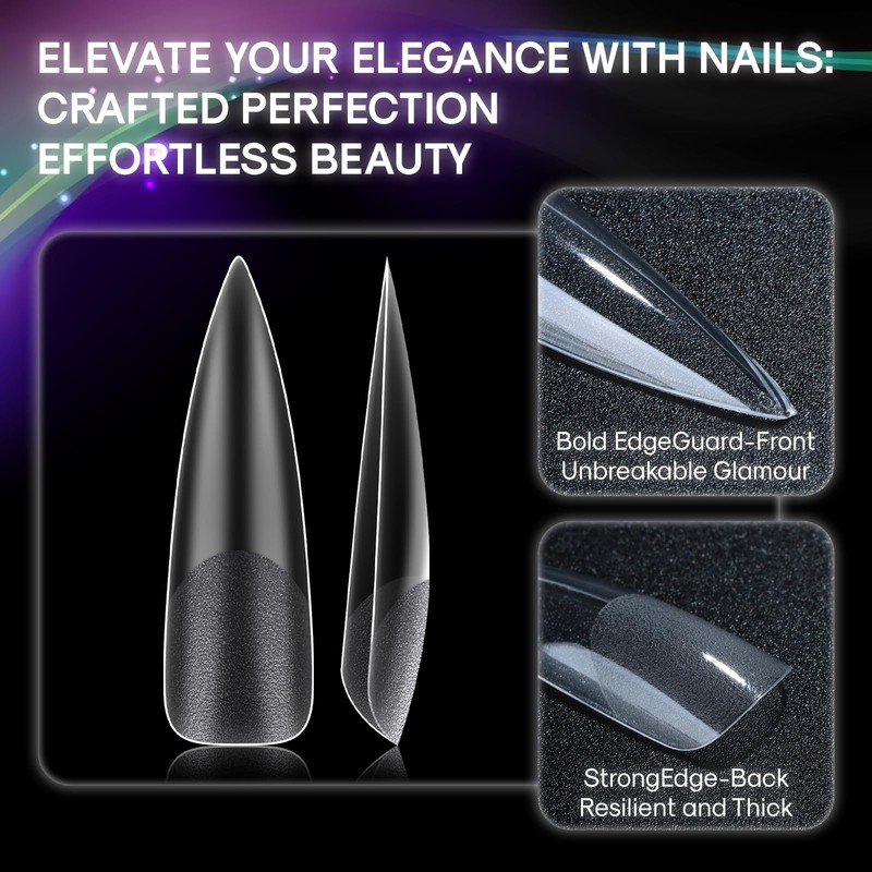 INENK No C Curve XXL Stiletto Nail Tips, Half Matte