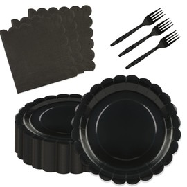 BOKFJBP 75Pcs Black Paper Plates-7 Inch Solid Color Scalloped Disposable Birthday Dinnerware Set Disposable Dinner Party Supplies for Graduation Wedding Baby Shower Table Decor