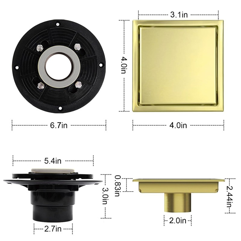 4 Inch Square Shower Floor Drain, Shower Drain Kit with