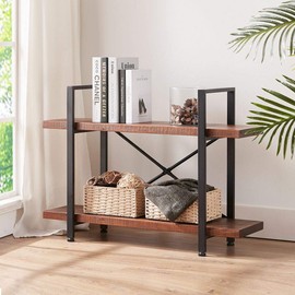 HSH Solid Wood Bookshelf, 2 Tier Rustic Vintage Industrial Etagere Bookcase, Open Metal Farmhouse Book Shelf, Distressed Brown