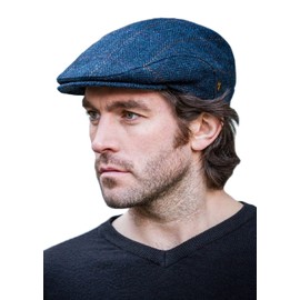 Mucros Weavers Irish Trinity Tweed Flat Cap for Men's Made in Ireland (Blue Herringbone, Small)