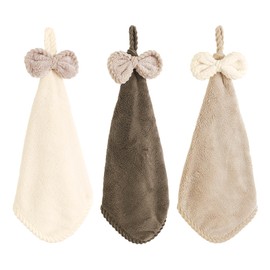 MILASIC Hand Towel with Loop, Beige, Set of 3, Absorbent, Fluffy, Kitchen, Toilet, Hanging, Washroom, Daily, Face Towel, Washroom, Handy Towel, Drawstring, Petite Gift, Travel, Outing, Washcloth, Face
