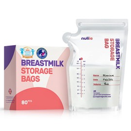 Nuliie 80 Pcs Breast Milk Storage Bags, 250ml BPA Free Milk Storage Bags with Pour Spout for Breastfeeding, Self-Standing or Flat Pre-sterilised Bag, Space Saving for Fridge or Freezer Use