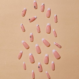 YoYoee Coffin Long Press On Nails Rhinestone Fake Nails Acrylic French False Nails White Full Cover Stick On Nails for Women and Girls (24 PCS)