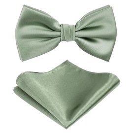 TIE G Solid Color Pre-tied Bow Tie and Pocket Square Sets in Gift Box (Sage Green)