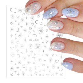 8 Sheets Laser Sliver Sun Moon Star Nail Art Stickers 3D Self-Adhesive Silver Stars Heart Nail Stickers Silver Metallic Hollow Heart Moon Star Design Nail Decals for Women Girls Nail Decorations
