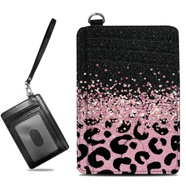 BWEGRHE Small Travel Wallets, Pink Glitter Leopard Slim Minimalist Front Pocket Wallet with Wristlet, RFID Blocking PU Leather Credit Card Holder with ID Window Change Purse for Men Women