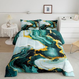 Abstract Marble Comforter Set Full Size,Luxury Stone Texture Modern Artwork Bedding Set,Boys Girls Adults Room Decor,Golden Sequins Dreamy Down Comforter,Green Unique Duvet Insert,2 Pillowcases