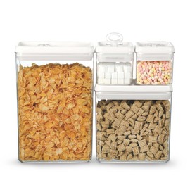 Felli Flip Tite Storage Container with Lid 4" RECTANGULAR Air Tight Ring Flip Top, Stackable Acrylic Canister for Kitchen Counter Pantry, Cereal Granola Pasta Spice, Gift Set for Women (4pk, Variety)