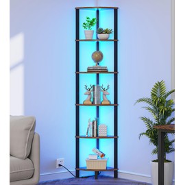 VIMBER VIMBER 6-Tier Corner Shelf with LED Light, Industrial Corner Ladder Shelf, Rustic Display Shelf for Living Room, Bedroom, Kitchen, Home Office, Sturdy Frame, Rustic Brown and Black UJSJ002F
