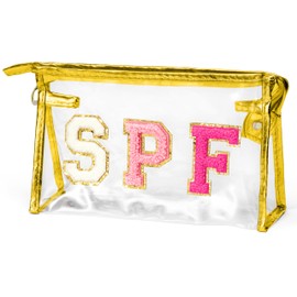 AsodSway Preppy Patch Cosmetic Bag - Summer SPF Varsity Letter Clear Toiletry Bag Golden Aesthetic Waterproof Portable Makeup Bag Transparent PVC Zipper Clutch Purse Travel Beach Bag for Women Girls