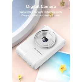 4K Digital Camera, 8MP Vlogging Camera, 64GB Memory Card Support, Portable Compact Camera for Photography, Point and Shoot Digital Cameras for Travel,16X Zoom (White)