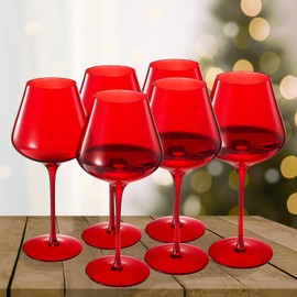 Red Ruby Color Crystal Holiday, Love Colored Crystal Wine Glass 6 Set, Gift For Hosting, Her, Wife, Mom Friend - Large 20 oz Glasses, Unique Italian Style Tall Drinkware Christmas Glassware