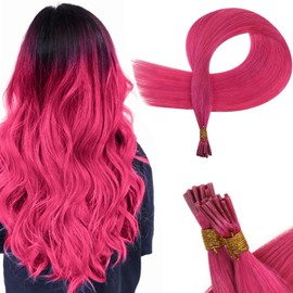 RUNATURE Pink I Tip Human Hair Extensions Colored Keratin Hair Extensions Hot Pink I Tip Extensions Real Human Hair Pink Hair Extensions 16 Inch 20g 25 Strands