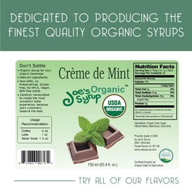 Joe’s Syrup Organic Flavored Syrup, Organic Crème de Mint, 750 ml