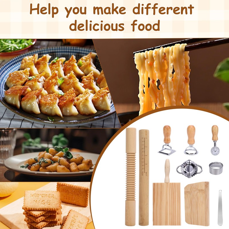 MEKOTRIN 10 Pcs Pasta Making Tools Set, Wooden Threaded Rolling