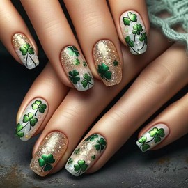24Pcs St.Parker’s Day Press on Nails Medium Length Square Fake Nails Irish Shamrock False Nails with Gold Glitter Design Gradient Shiny Glue on Nail Full Cover Acrylic Stick on Nail for Women Decor