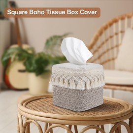 Square Boho Tissue Box Cover: Hand-Woven Tassel Holder for Bathroom, Table & Kitchen – Open-Bottom Design Decorative Cover for Home, Office & Farmhouse Decor