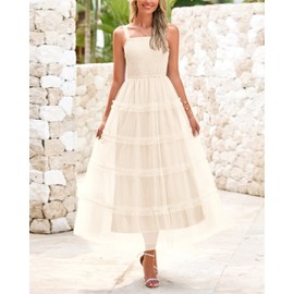 PRETTYGARDEN Women's Summer Dresses 2025 Sleeveless Smocked Tiered Ruffle Tulle A-Line Flowy Wedding Party Maxi Dress(Beige,Large)