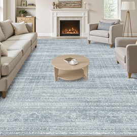 5x7 Area Rugs Living Room: Washable Large Vintage Blue Rug Neutral Non-Slip Soft Stain Resistant Indoor Carpet for Bedroom Nursery Dining Room Under Table Bed Home House Office Playroom