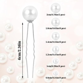 36Pcs Wedding Pearl Hair Pins, U Shaped Single Pearl Bobby Pins Wedding Hair Accessories for Brides Bridesmaids Women, 6 Sizes (Silver)