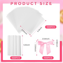 AmazingSpark 100 Pcs Clear Cellophane Treat Bags with Sticks and Pink Bows for Gift Wrapping, Baking, Cookies, Candies, Desserts, Party Favor Packaging