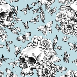 VaryStyle Blue White Gothic Wallpaper Goth Skull Butterfly Floral Peel and Stick Wallpaper Gothic Contact Paper for Walls Cabinets 17.7"x118" Removable Vinyl Skull Wall Paper for Bedroom Bathroom