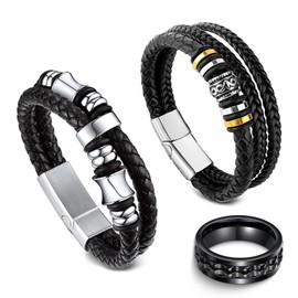 Scinzene Lederarmband Herren Set - 2 Stilvolle Armbänder + Ring aus Echtleder und Edelstahl, Magnetverschluss, Geschenkidee für Männer