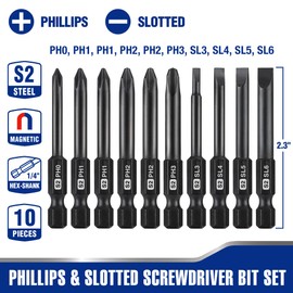 WORKPRO 10pcs Slotted Phillips Screwdriver Bit Set, CNC Machined S2 Steel Magnetic Screwdriver Bits Set, 1/4 Inch Hex Shank Driver Bits, 2.3 Inch Long Screwdriver Bits Set with Storage Box