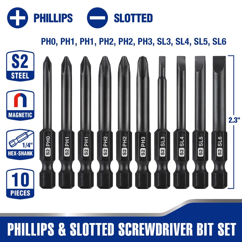 WORKPRO 10pcs Slotted Phillips Screwdriver Bit Set, CNC Machined S2